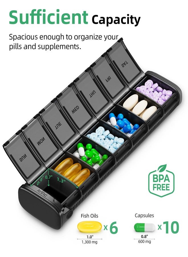 PULIV Metal Weekly Pill Organizer with Sturdy & Sleek Aluminum Alloy Case, Pill Case with Triple Protection Against Spilling, Compact Travel Pill Box 7 Day for Vitamins, Fish Oils, Supplements, Black - Image 3